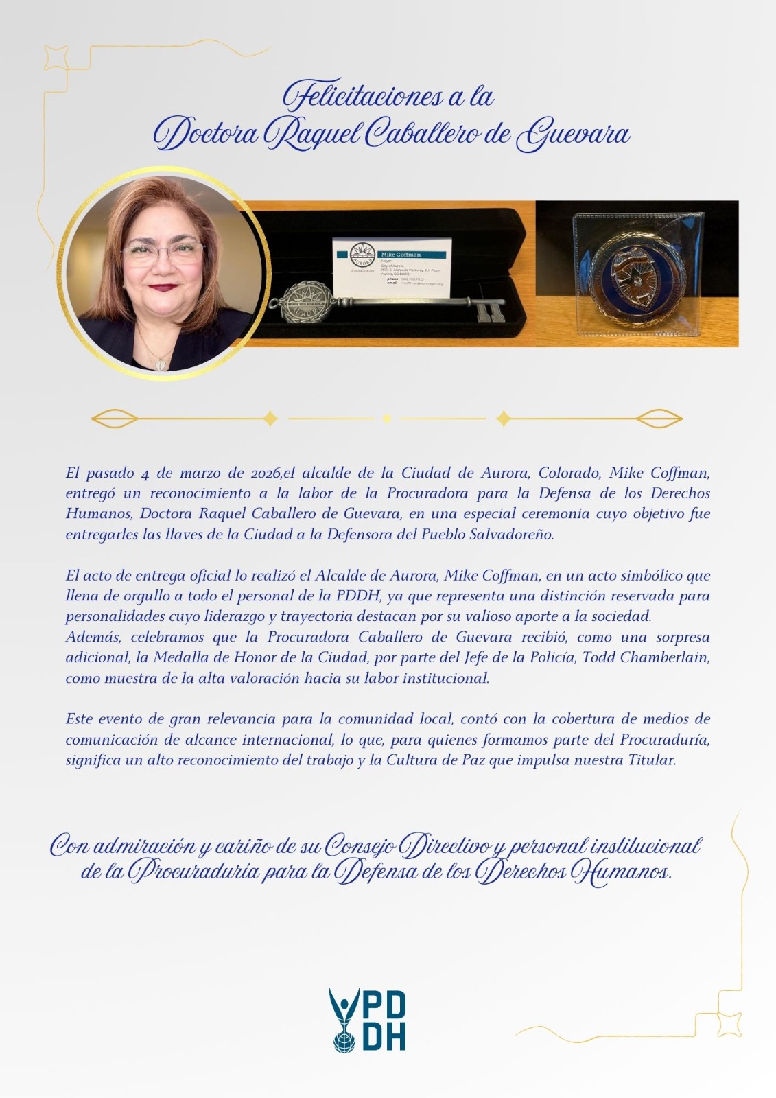 Ciudad de Aurora, Colorado reconoce labor de la Procuradora para la Defensa de los Derechos Humanos, Doctora Raquel Caballero de Guevara